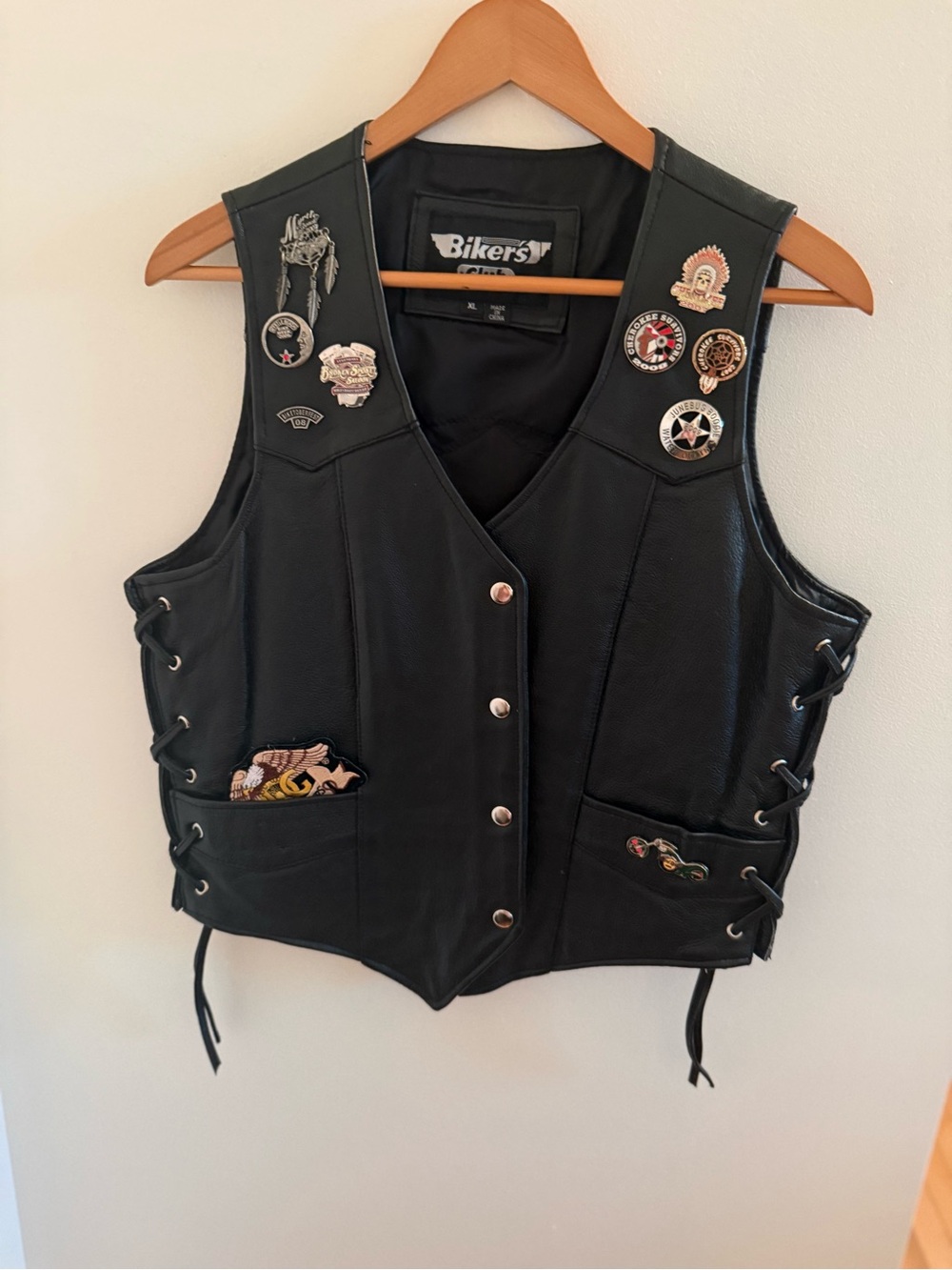 Women’s Black Leather Lace-Up Vest with Pin Details